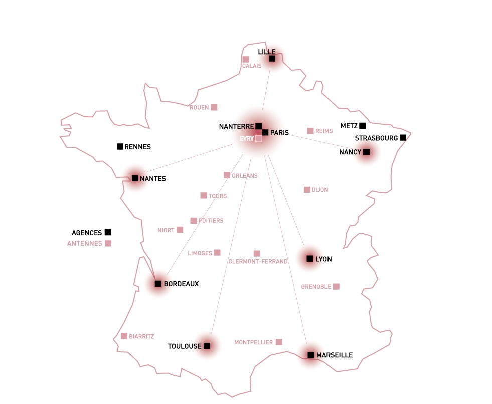 Carte sur l'implantation des résidences étudiantes gérées par Advenis Residences (Realista Résidences).